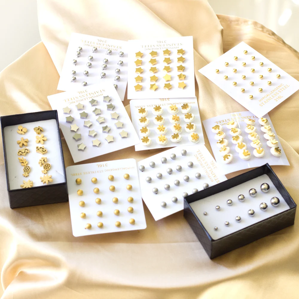 LUXUKISSKIDS 여성용 귀걸이 세트, 스테인리스 스틸 스터드 피어싱, 316L 하이포 알러지, 작은 브린코, 어린이 선물, 6 쌍/로트 패션