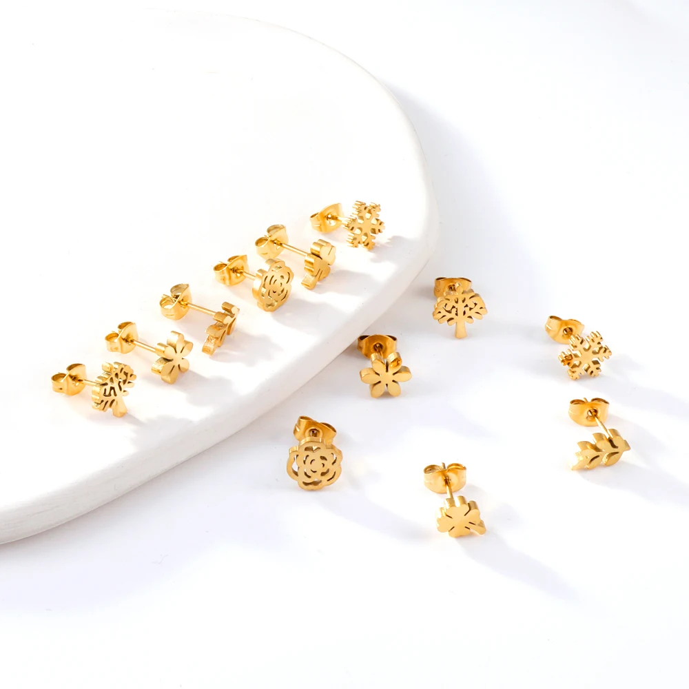 ASONSTEEL 여성용 빈티지 스터드 귀걸이 세트, 눈송이 피어싱, 스테인리스 스틸, 모던 골드 컬러, 외과용, 상자당 6 쌍