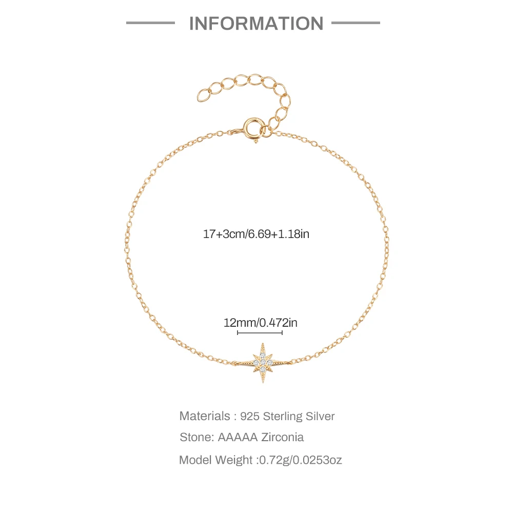 CANNER 유럽 아메리칸 스타일 8 포인트 별 지르콘 팔찌, S925 스털링 실버, 개성 있고 심플한 다목적 팔찌
