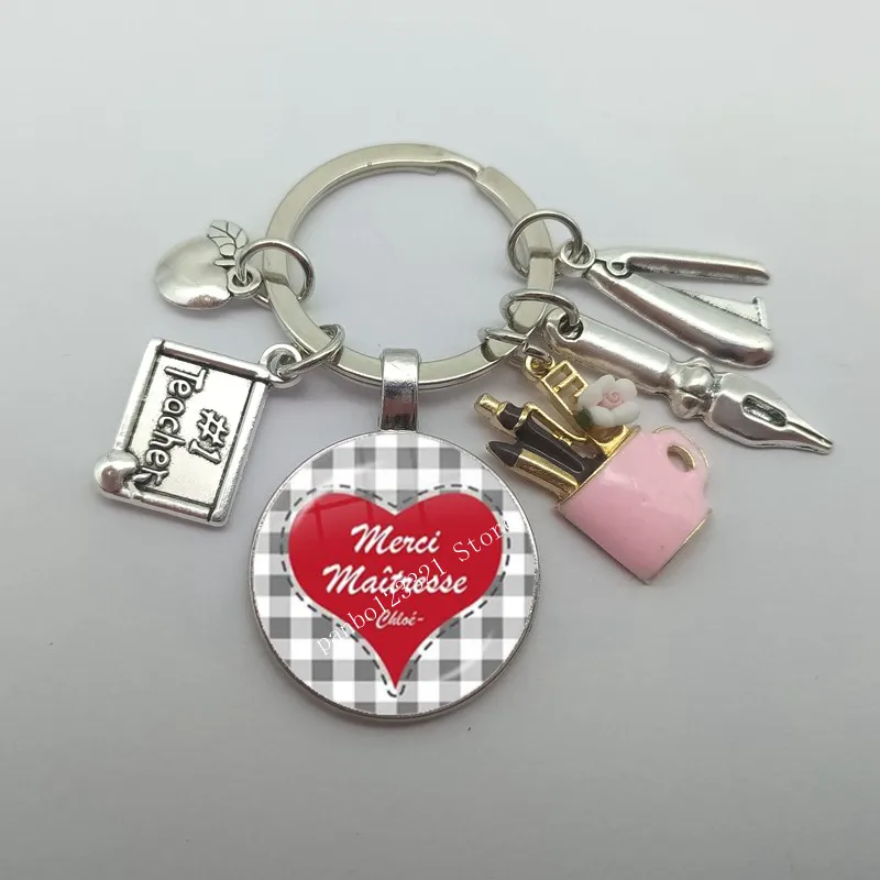 Merci Maitresse 교사 키체인, 유리 돔, DIY 주얼리 만들기, 스승의 날 주얼리 선물, 25 mm