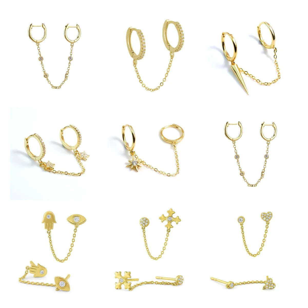 골드 실버 컬러 도금 더블 홀 링크 체인 서클 후프 귀걸이, 지르콘 스타 라이트닝 아이 펜던트 허기 피어싱 귀걸이 title=골드 실버 컬러 도금 더블 홀 링크 체인 서클 후프 귀걸이, 지르콘 스타 라이트닝 아이 펜던트 허기 피어싱 귀걸이