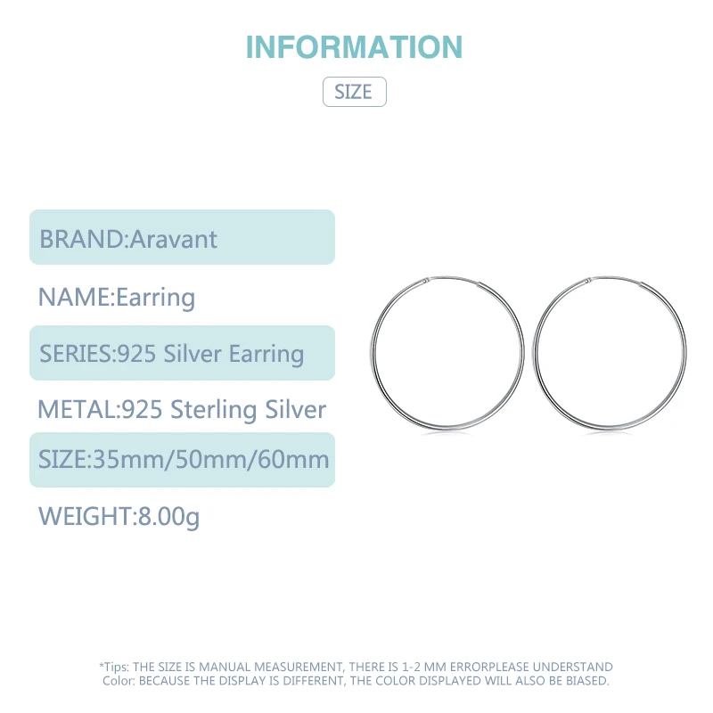Aravant 여성용 925 스털링 실버 후프 귀걸이, 큰 원형 귀걸이, 보석 선물, 35mm, 50mm, 60mm