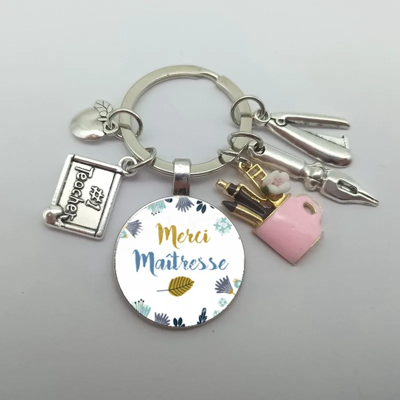 Merci Maitresse 교사 키체인, 유리 돔, DIY 주얼리 만들기, 스승의 날 주얼리 선물, 25 mm