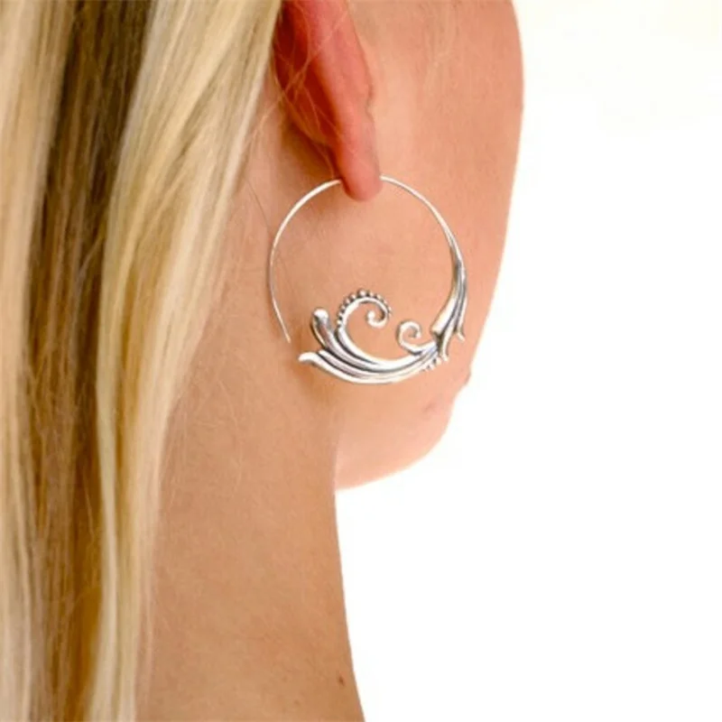 섬세한 라운드 기하학 바다 물결 귀걸이, 에스닉 실버 컬러 후프 귀걸이, 여성 쥬얼리