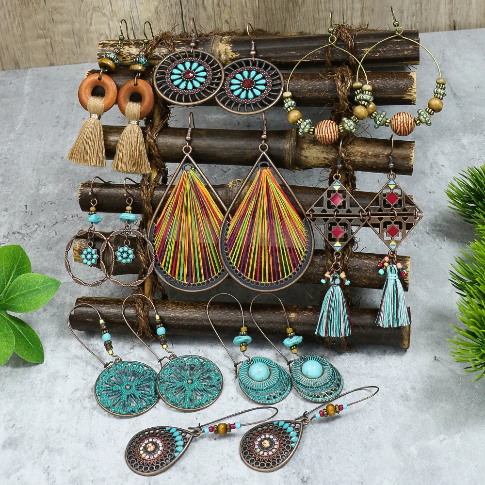 여성용 보헤미안 에스닉 우드 비즈 태슬 귀걸이, 레트로 크리에이티브, 독특한 기하학적 댕글 귀걸이, 펜디엔트, 쥬얼리 선물