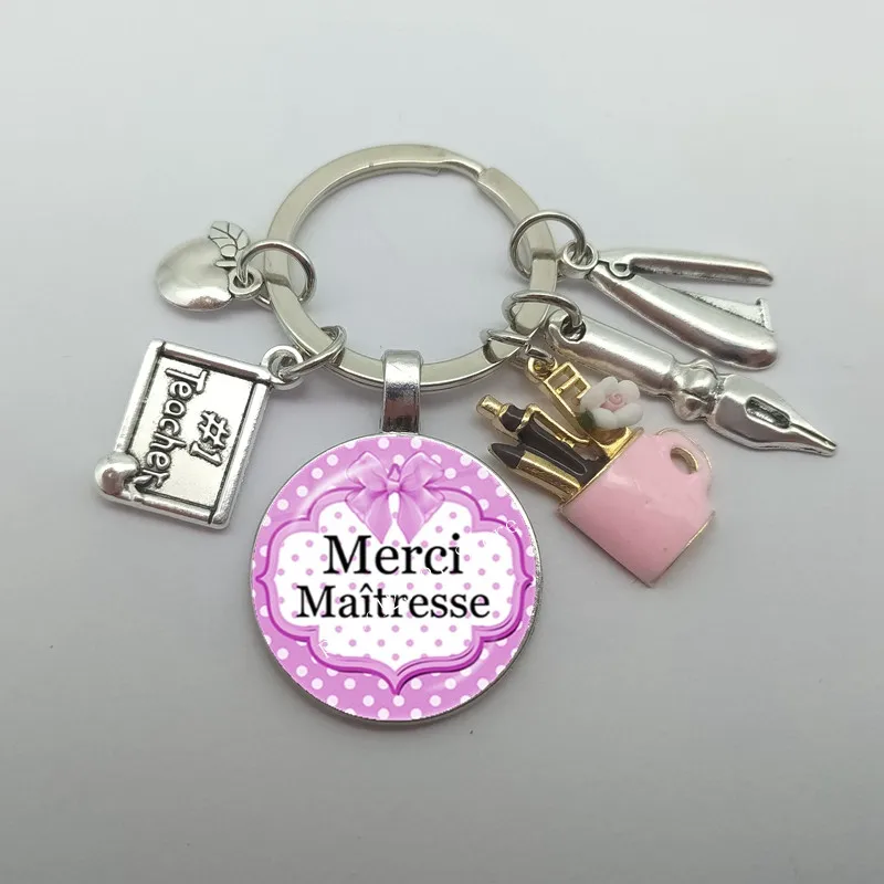 Merci Maitresse 교사 키체인, 유리 돔, DIY 주얼리 만들기, 스승의 날 주얼리 선물, 25 mm