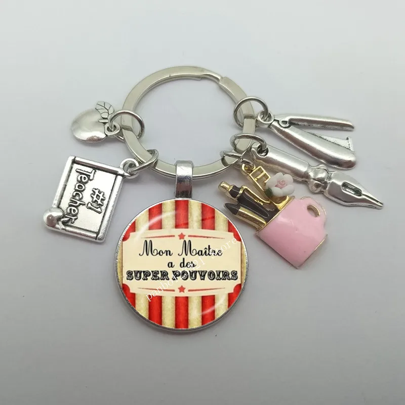 Merci Maitresse 교사 키체인, 유리 돔, DIY 주얼리 만들기, 스승의 날 주얼리 선물, 25 mm