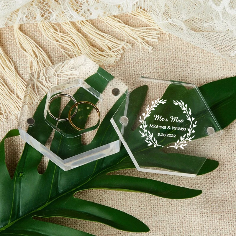 맞춤형 아크릴 투명 육각형 반지 상자, 개인 약혼 결혼 반지 상자 보관, 웨딩 장식, 신부 선물