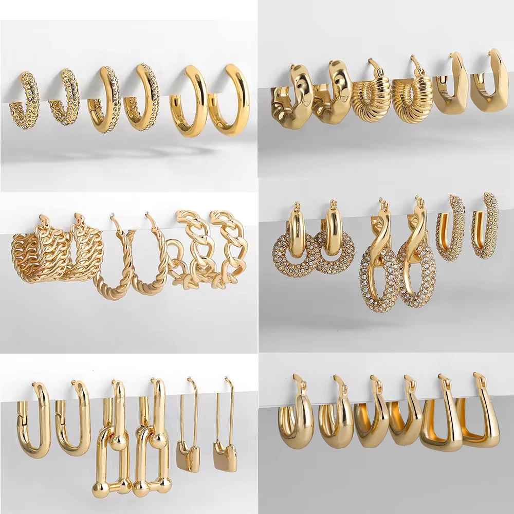 펑크 기하학 크고 작은 후프 귀걸이, 골드 컬러, 금속 체인, 서클 허기 귀걸이, 한국 주얼리, 3 쌍/세트 title=펑크 기하학 크고 작은 후프 귀걸이, 골드 컬러, 금속 체인, 서클 허기 귀걸이, 한국 주얼리, 3 쌍/세트