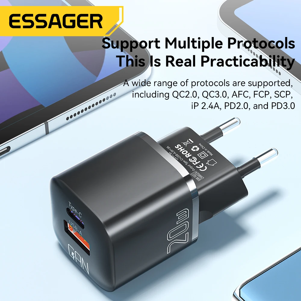 Essager GaN USB C 타입 PD 고속 충전 휴대폰 QC 3.0 고속 충전기, 아이폰 14 13 12 11 프로 맥스 미니 아이패드용, 20W