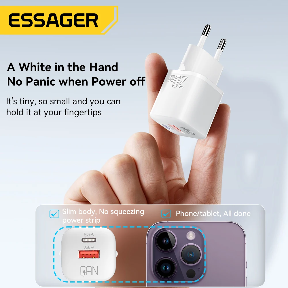 Essager GaN USB C 타입 PD 고속 충전 휴대폰 QC 3.0 고속 충전기, 아이폰 14 13 12 11 프로 맥스 미니 아이패드용, 20W