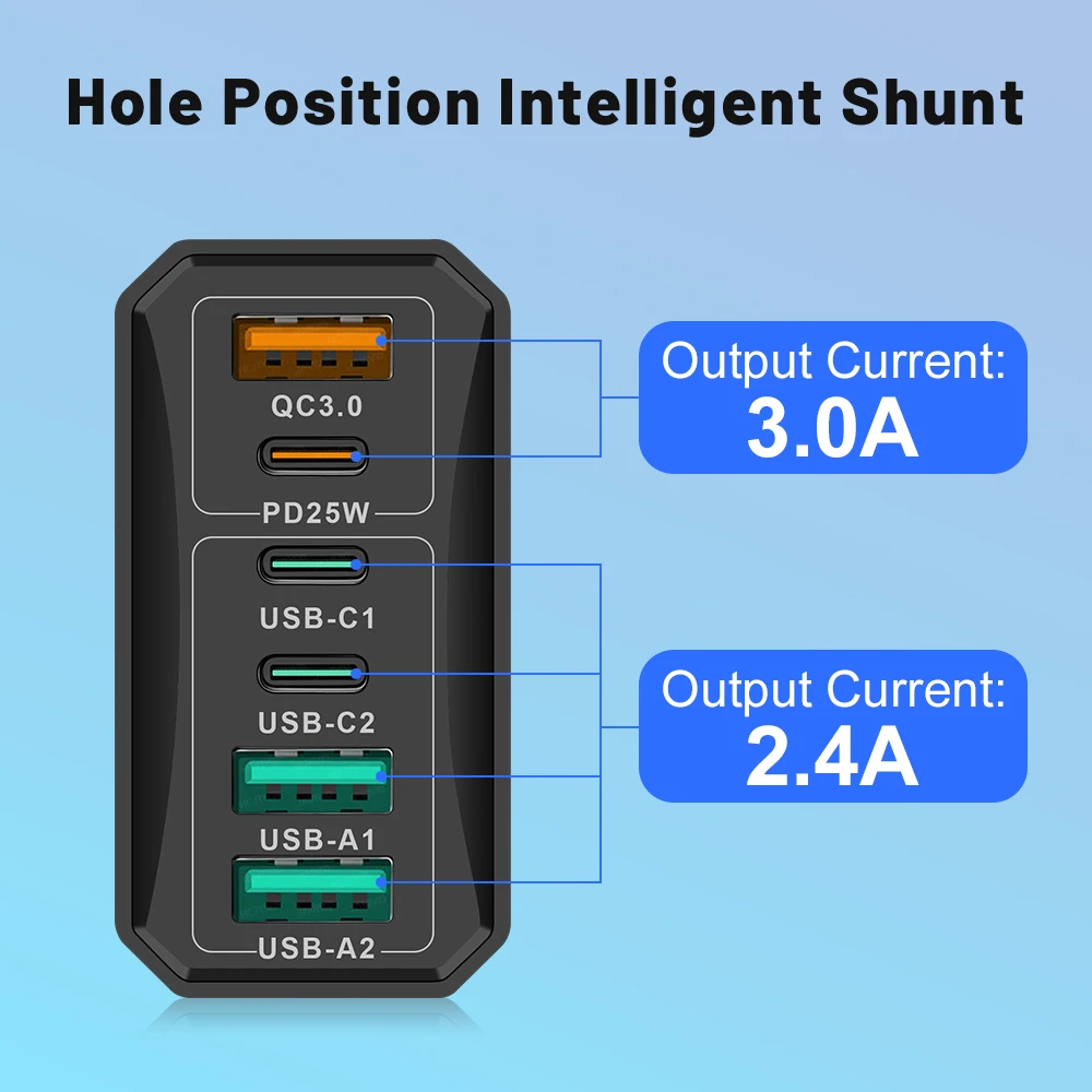 한국 플러그 55W 고속 충전 6 포트 USB C 타입 벽 충전기, 삼성 A23 S23 아이폰 14 프로 맥스 샤오미 KR용 충전기