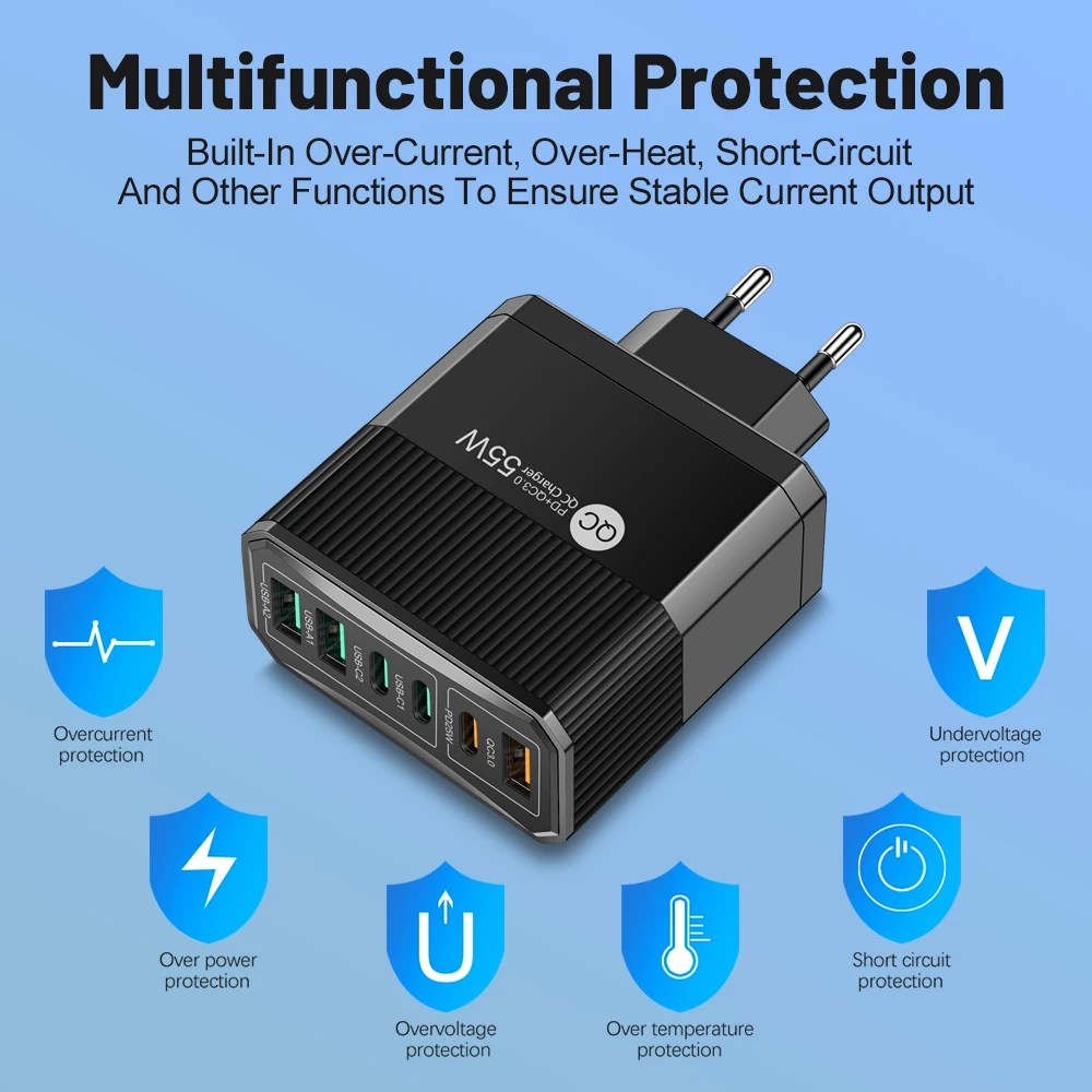 한국 플러그 55W 고속 충전 6 포트 USB C 타입 벽 충전기, 삼성 A23 S23 아이폰 14 프로 맥스 샤오미 KR용 충전기