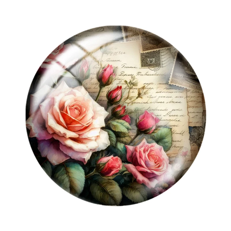 레트로 장미 나비 라운드 사진 유리 카보숑, 플랫 백 제작 연구 결과, 10 개, 12mm, 16mm, 18mm, 30mm, 25mm