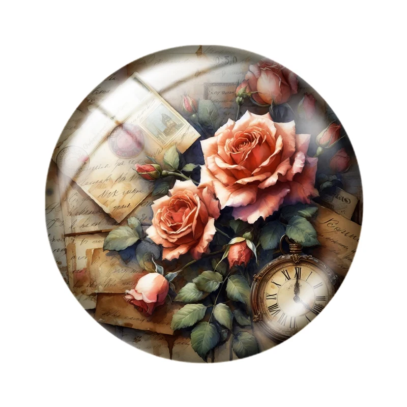 레트로 장미 나비 라운드 사진 유리 카보숑, 플랫 백 제작 연구 결과, 10 개, 12mm, 16mm, 18mm, 30mm, 25mm