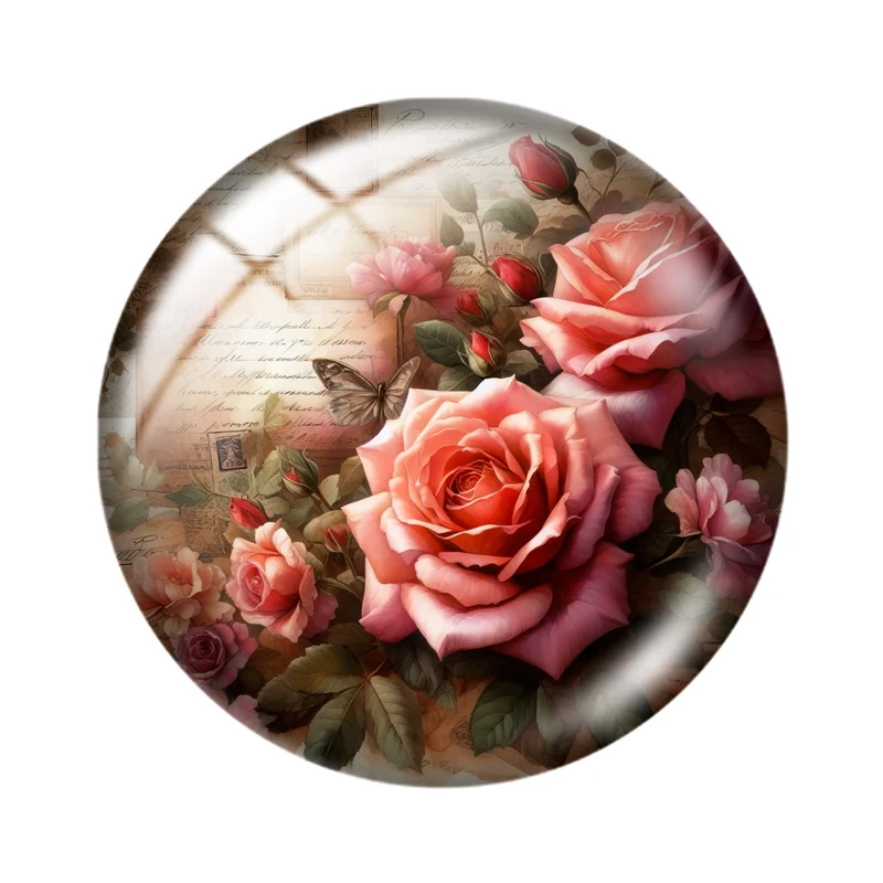 레트로 장미 나비 라운드 사진 유리 카보숑, 플랫 백 제작 연구 결과, 10 개, 12mm, 16mm, 18mm, 30mm, 25mm