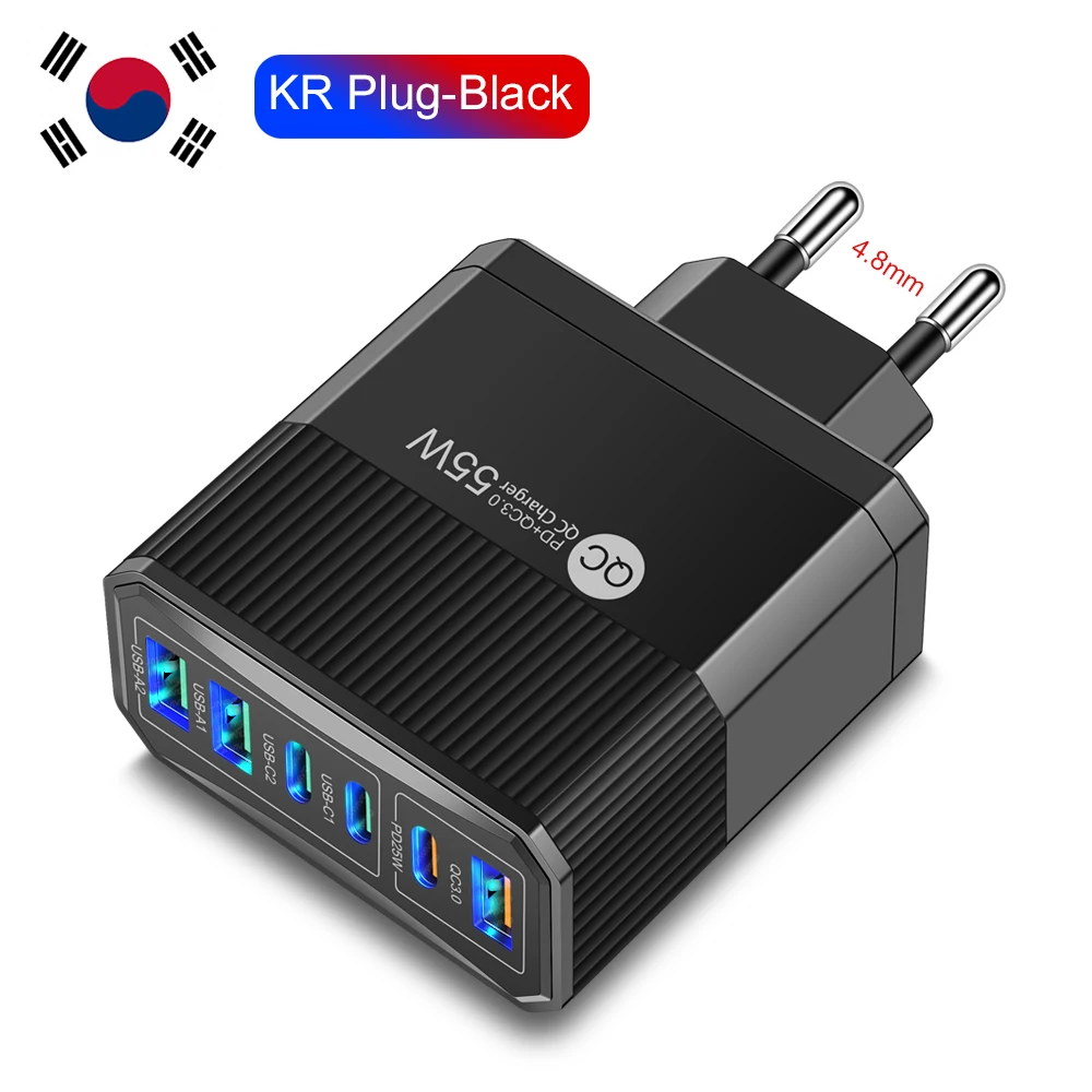 한국 플러그 55W 고속 충전 6 포트 USB C 타입 벽 충전기, 삼성 A23 S23 아이폰 14 프로 맥스 샤오미 KR용 충전기