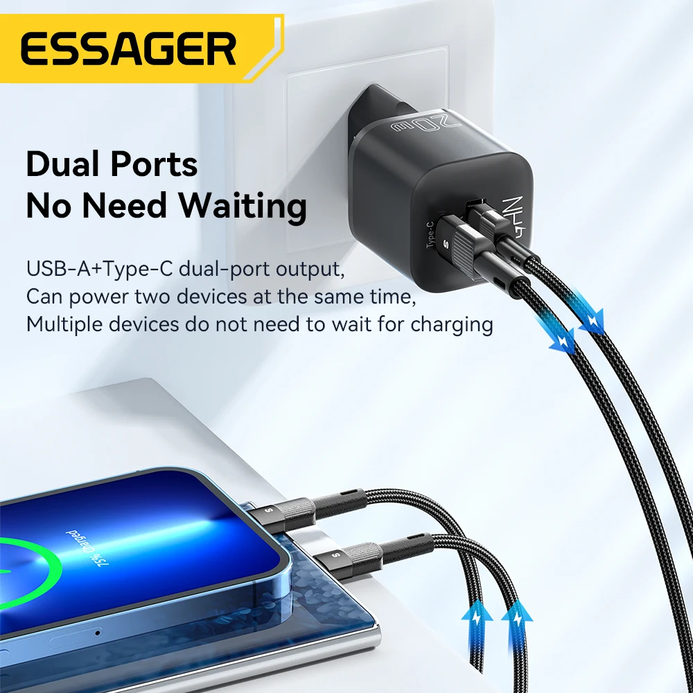 Essager 20W GaN USB C 타입 충전기 PD 빠른 충전 전화기 QC 3.0 고속 충전기 아이폰 14 13 12 11 프로 맥스 미니 아이패드용 충전