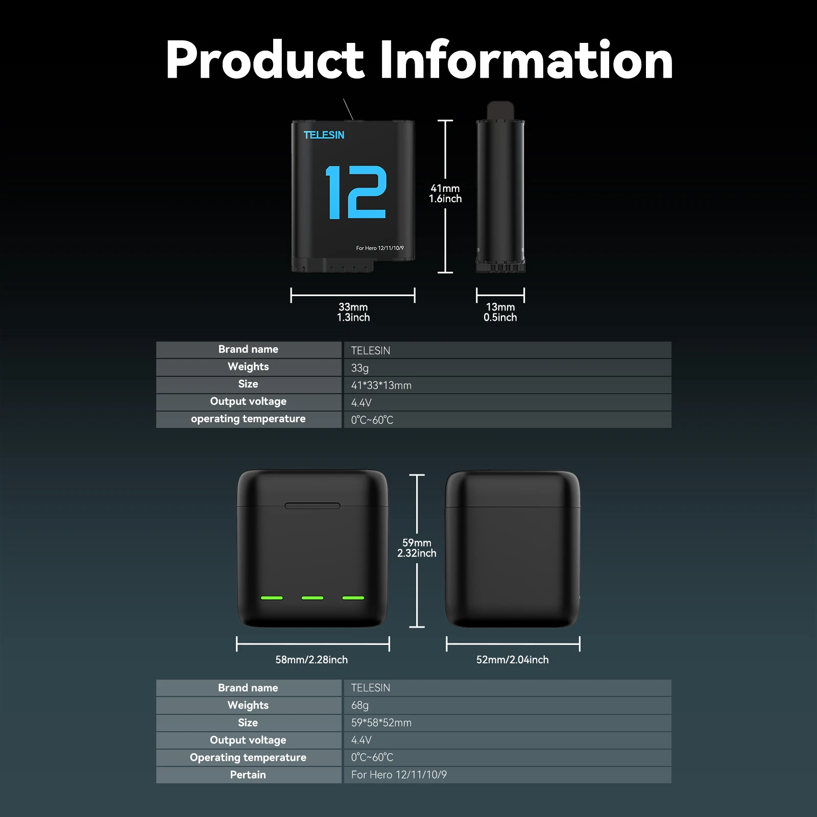 TELESIN 고프로 히어로 12 11 10 9 1750 mAh 배터리, 3 가지 방식 고속 충전기 박스, TF 카드 스토리지, 고프로 히어로 액세서리