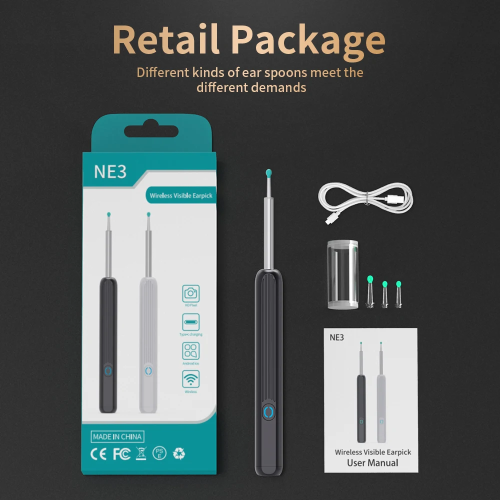 NE3 귀 청소기 카메라와 함께 고정밀 귀 왁스 제거 도구 LED 빛 무선 Otoscope 스마트 귀 청소 키트 최고의 선물