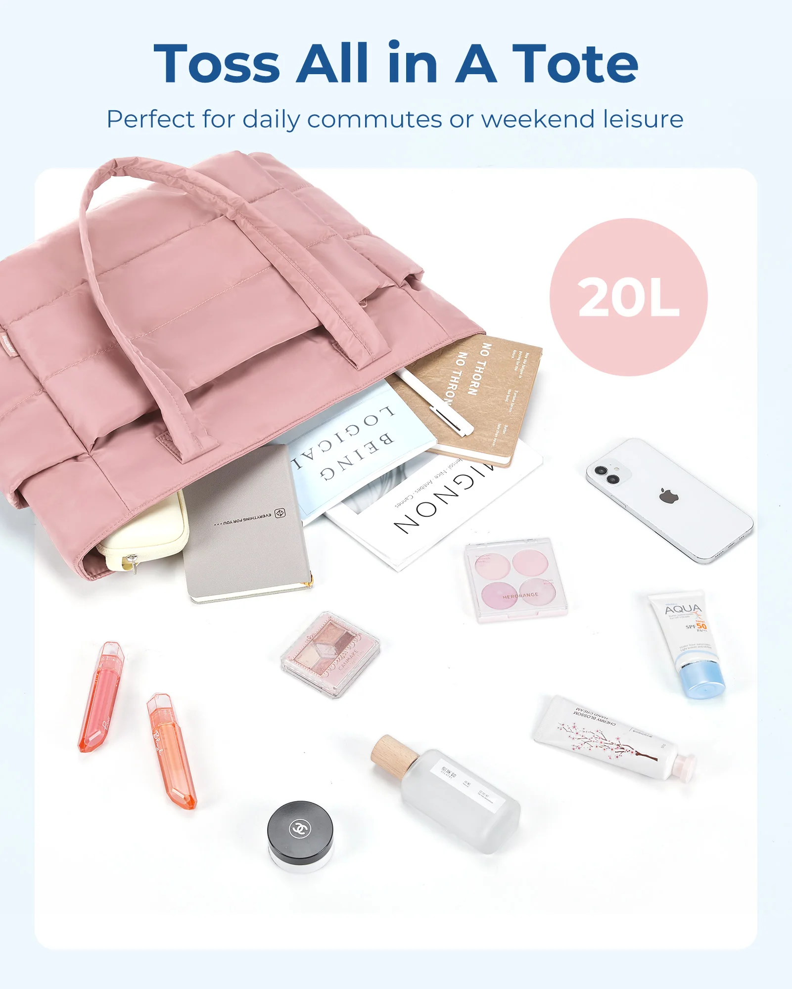 BAGSMART 여성용 토트백, 대용량 가방, 퍼퍼 패딩 핸드백, 대학생 휴대용 통근 레저 여행 파우치