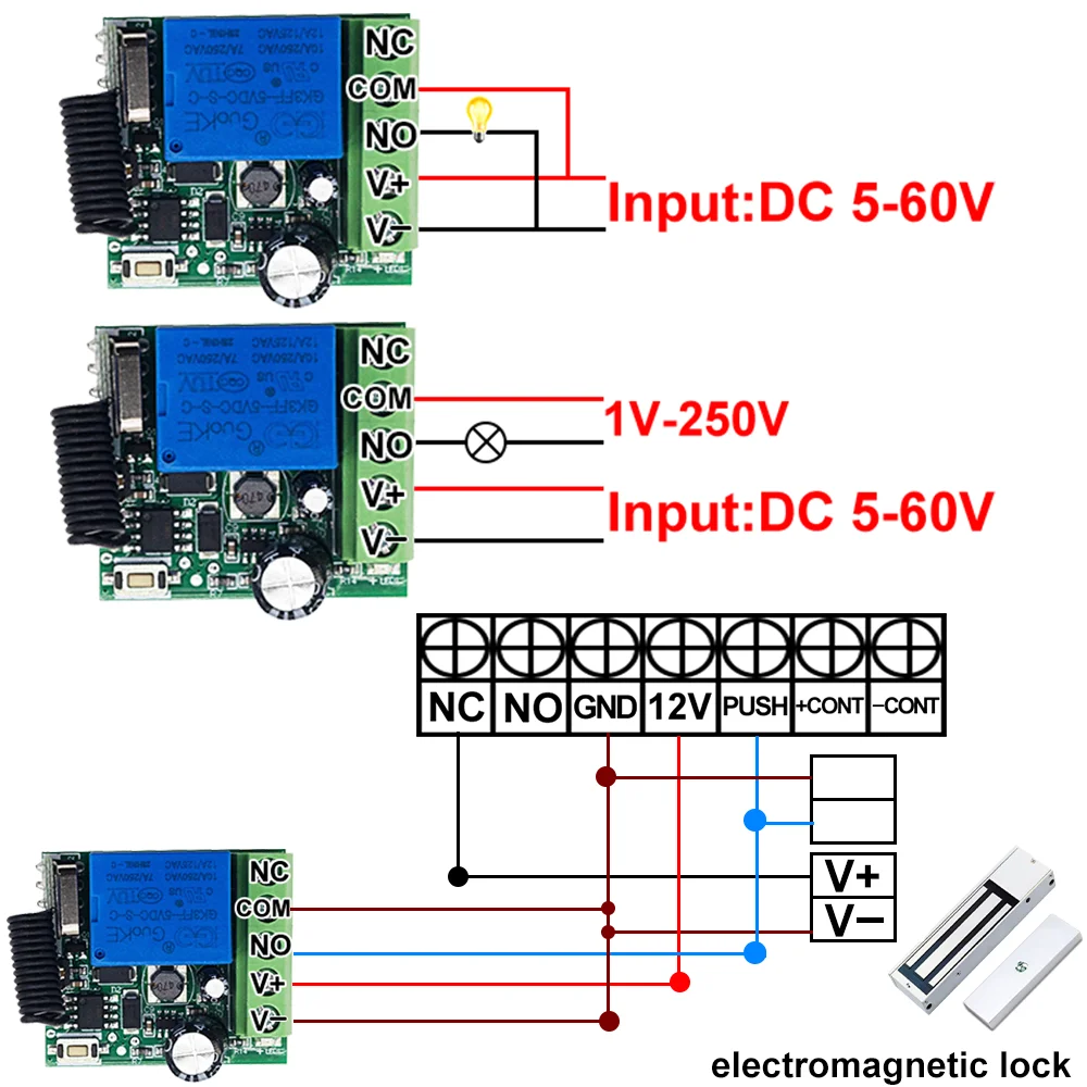 무선 리모컨 스위치, RF 릴레이, 송신기, 리모컨 게이트, 문짝 조명 제어, DC 12V, 24V, 48V, 60V, 433Mhz, 433MHz
