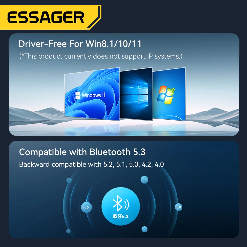 Essager USB 블루투스 5.3 어댑터, Aux 오디오 리시버 송신기, PC 스피커, 노트북 사운드박스, 무선 마우스, USB 송신기