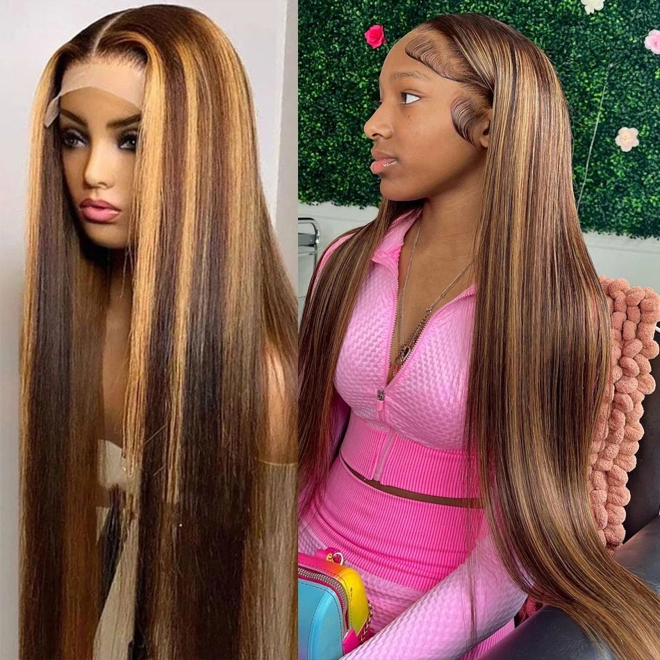 여성용 하이라이트 가발, 컬러 레이스 프론트 인모 가발, 미리 뽑은 허니 블론드 스트레이트 레이스 프론트 가발, 13x4