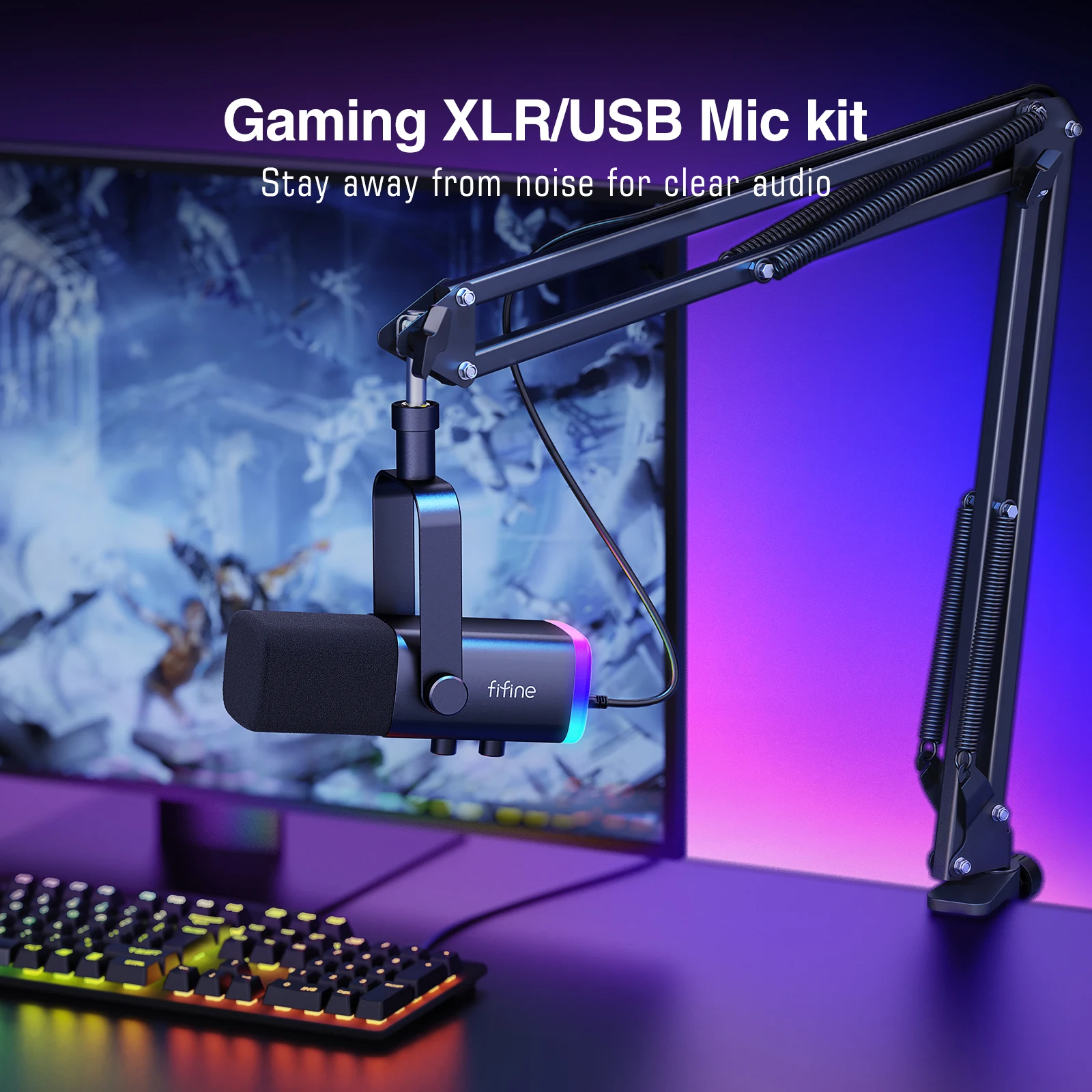 FIFINE XLR USB 게임용 마이크 키트, 헤드폰 잭, 음소거, RGB, 암 스탠드, PC PS5 4 믹서 앰프 AM8T 용 다이나믹 마이크 세트