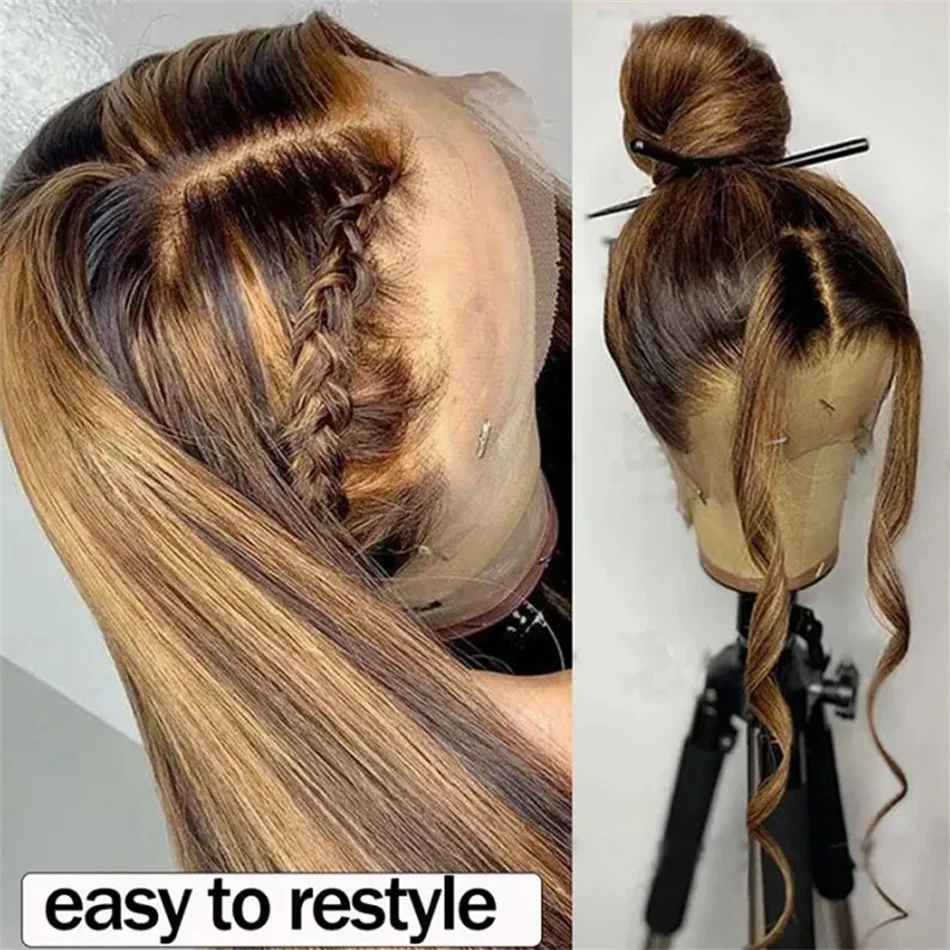 여성용 하이라이트 가발, 컬러 레이스 프론트 인모 가발, 미리 뽑은 허니 블론드 스트레이트 레이스 프론트 가발, 13x4