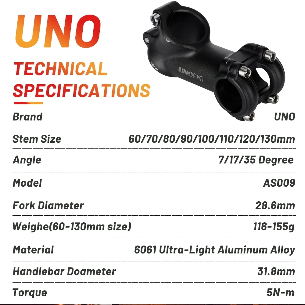 UNO 블랙 스템 자전거 초경량 MTB 로드 스템 포크 28.6, 7 17 35 도, 31.8mm, 60mm, 70mm, 80mm, 90mm, 100mm, 110mm, 120mm, 130mm, 킹 칼로이