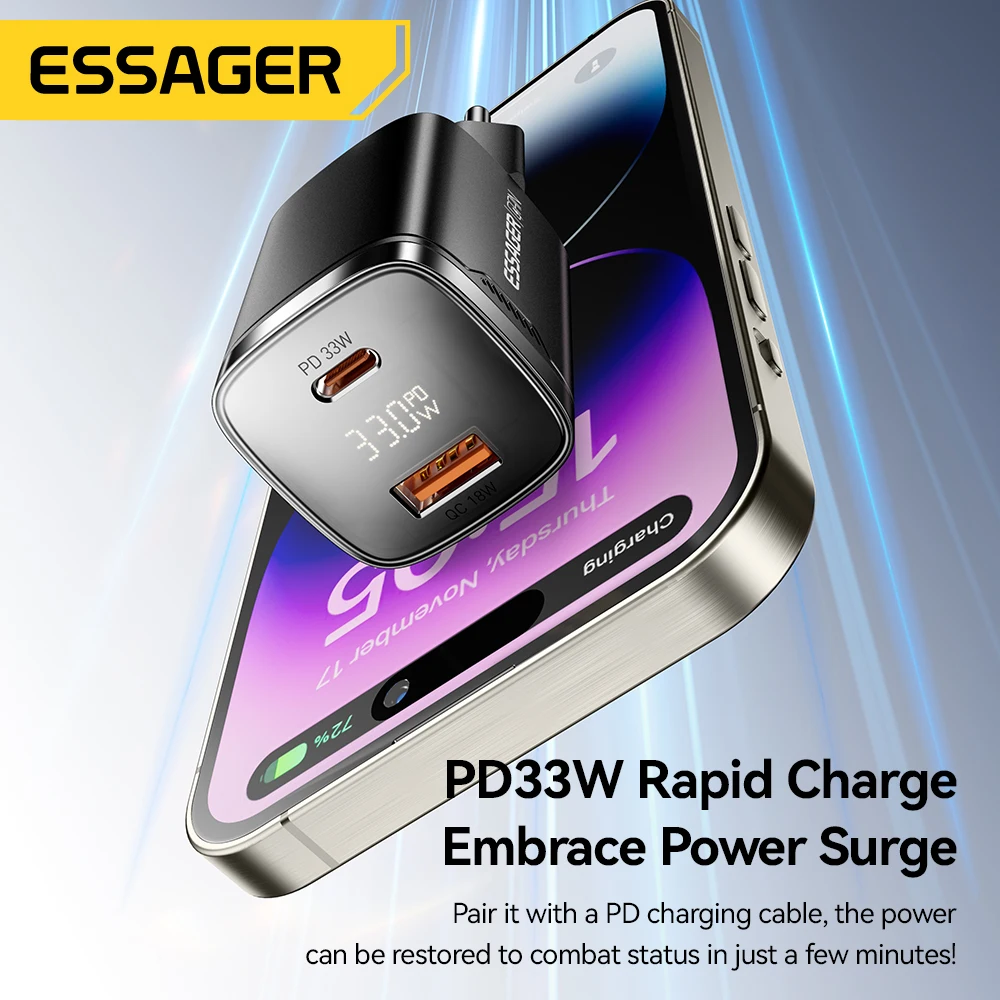 Essager 33W GaN USB 유형 C 충전기 디지털 디스플레이 PD iPhone 16 15 14 Pro Max iPad Mini 6 Xiaomi Samsung S22 용 고속 충전