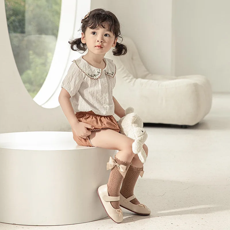 2023 신제품 어린이 무릎 높이 양말 여아용 남아용 긴 양말, 부드러운 코튼 메쉬 통기성 아동용 0-7 세용 속이 빈 양말