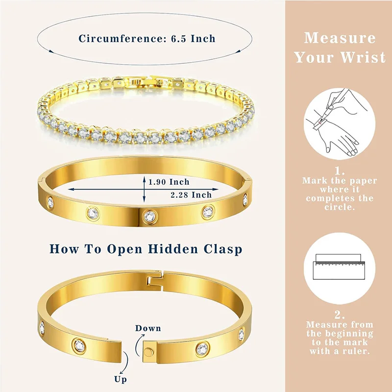 여성용 쌓을 수 있는 금 팔찌, 14K 금 도금 큐빅 테니스 팔찌, 스테인레스 스틸 쥬얼리 선물