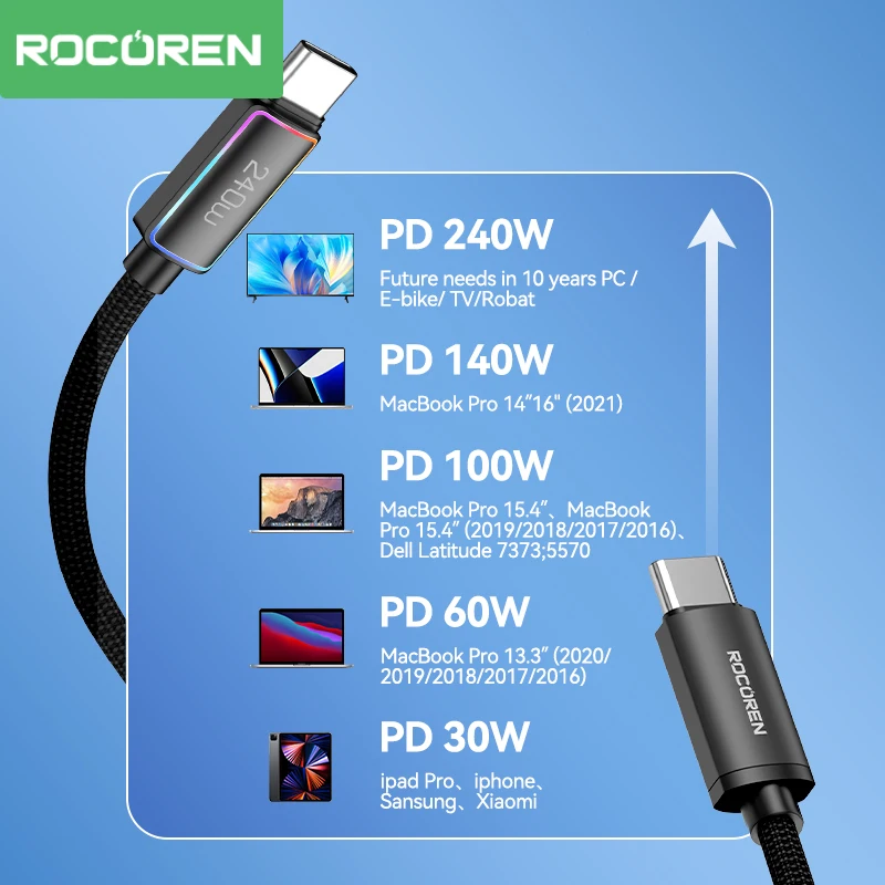 Rocoren 고전력 고속 충전 C타입 케이블, 100W PD 3.1, USB C 고속 충전 날짜 코드, 아이폰 삼성 노트북 아이패드용, 240W 5A