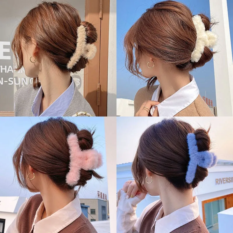 푹신한 플러시 가짜 모피 큰 게 머리 발톱 클립 여자 여자 겨울 포니 테일 홀더 헤어 바레트 클램프 헤어 액세서리 저렴한