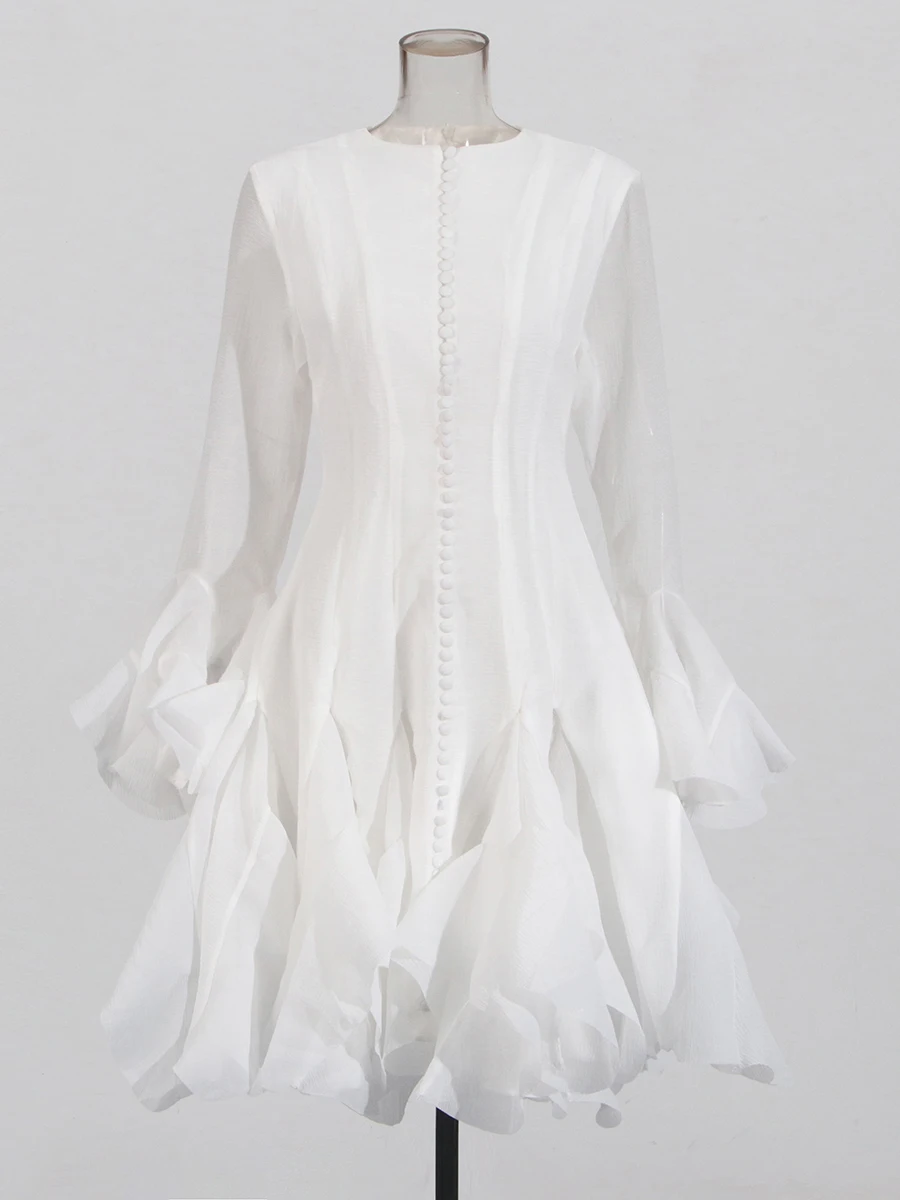 TWOTWINSTYLE 여성용 원피스 불규칙 플리츠 패치워크 패션, 긴 랜턴 소매, 허리 조이는 미니 드레스, 2024 신상 의류