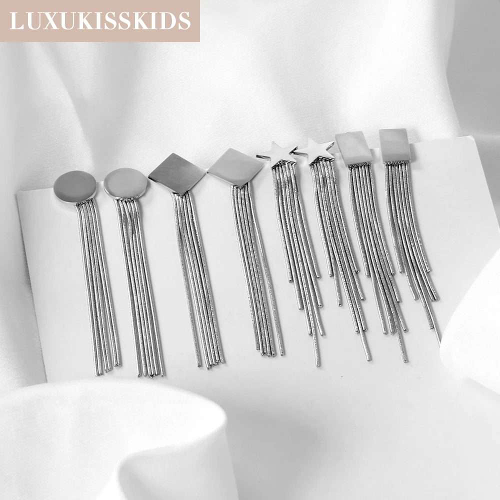 LUXUKISSKIDS 스테인레스 매달려 귀걸이 긴 술 드롭 황금 펜던트 한국 패션 여성 요정 웨딩 파티 액세서리