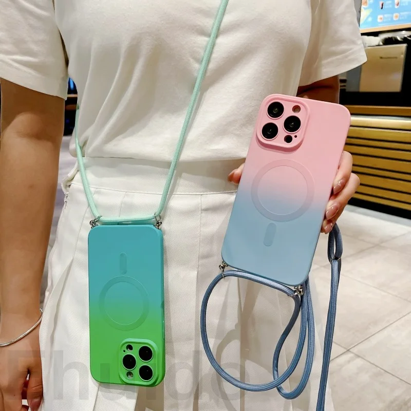 Magsafe iPhone 16 14 13 12 Pro Max 11 15 Plus 자기 그라디언트 컬러 카메라 용 크로스 바디 끈 케이스 충격 방지 커버 보호