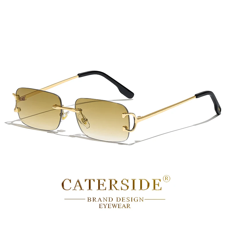 CATERSIDE 직사각형 선글라스 남자 무테 흰색 구리 작은 사각형 태양 안경 여성용 그라디언트 렌즈 야외 안경 UV400