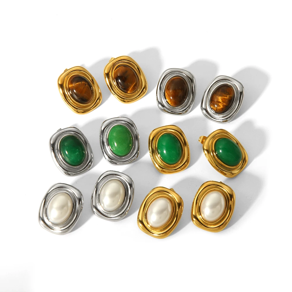 신제품 성명 자연 돌 타이거 아이 귀걸이 여성을위한 방수 골드 도금 스테인레스 스틸 진주 스터드 귀걸이