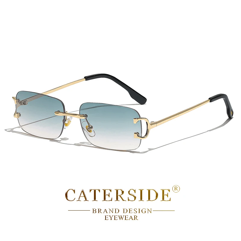 CATERSIDE 직사각형 선글라스 남자 무테 흰색 구리 작은 사각형 태양 안경 여성용 그라디언트 렌즈 야외 안경 UV400