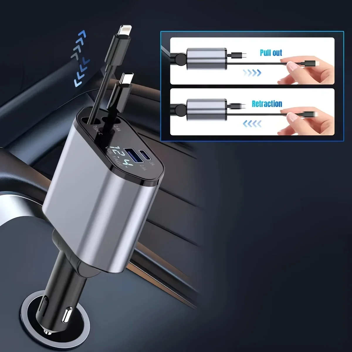 아이폰 샤오미 화웨이 삼성용 개폐식 자동차 충전기, 담배 라이터 어댑터, USB C 타입 고속 충전기 케이블, 4 in 1, 120W