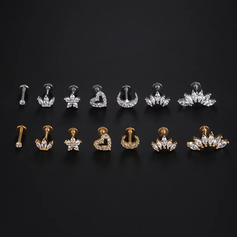 1 조각 1.2mm 하트 플라워 크라운 연골 귀걸이 스테인레스 스틸 지르콘 조가비 루크 Tragus 스터드 Labret 백 피어싱 쥬얼리