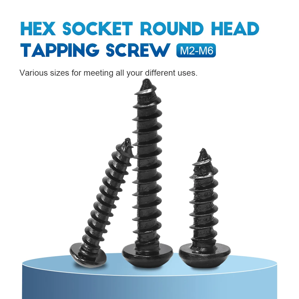 NINDEJIN 10-100pcs 둥근 단추 머리 육각 셀프 태핑 나사 M2 M2.5 M3 M3.5 M4 M5 M6 탄소강 알렌 육각 소켓 나무 나사