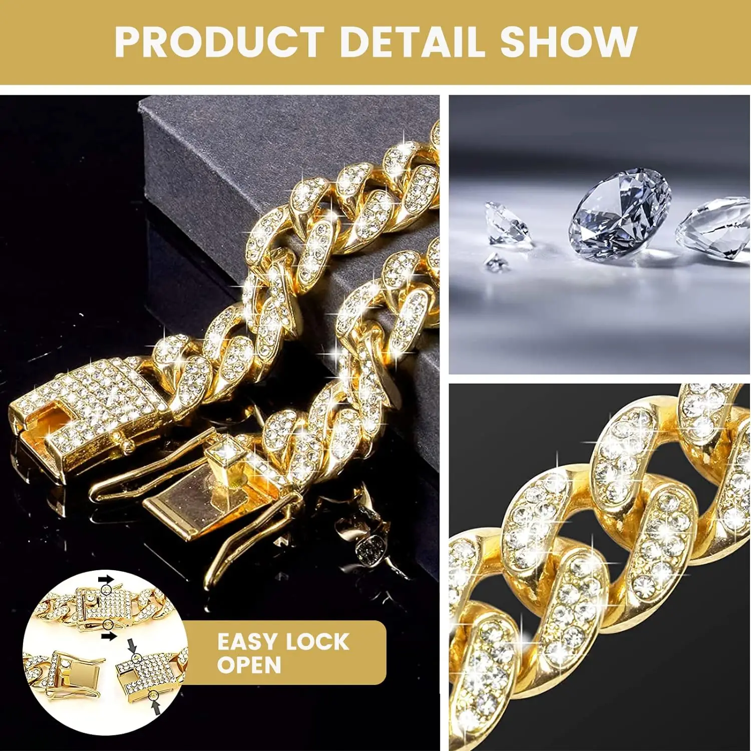 개 체인 다이아몬드 쿠바 칼라 디자인 보안 버클, 애완 동물 고양이 쿠바 칼라 쥬얼리 액세서리와 금속 체인 칼라 산책