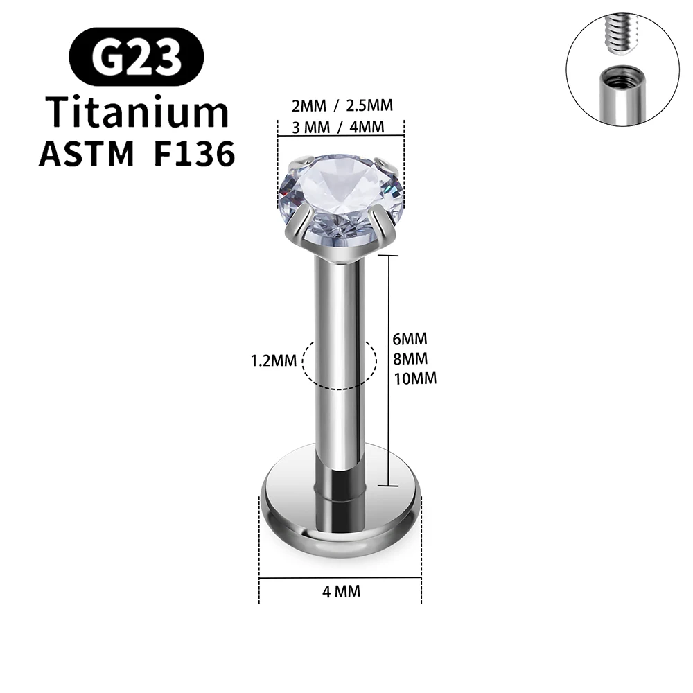 10/50PCS G23 티타늄 피어싱 Labret 립 스터드 링 CZ 16G 내부 스레드 스터드 귀걸이 귀 Tragus 연골 헬릭스 Daith Jewelry