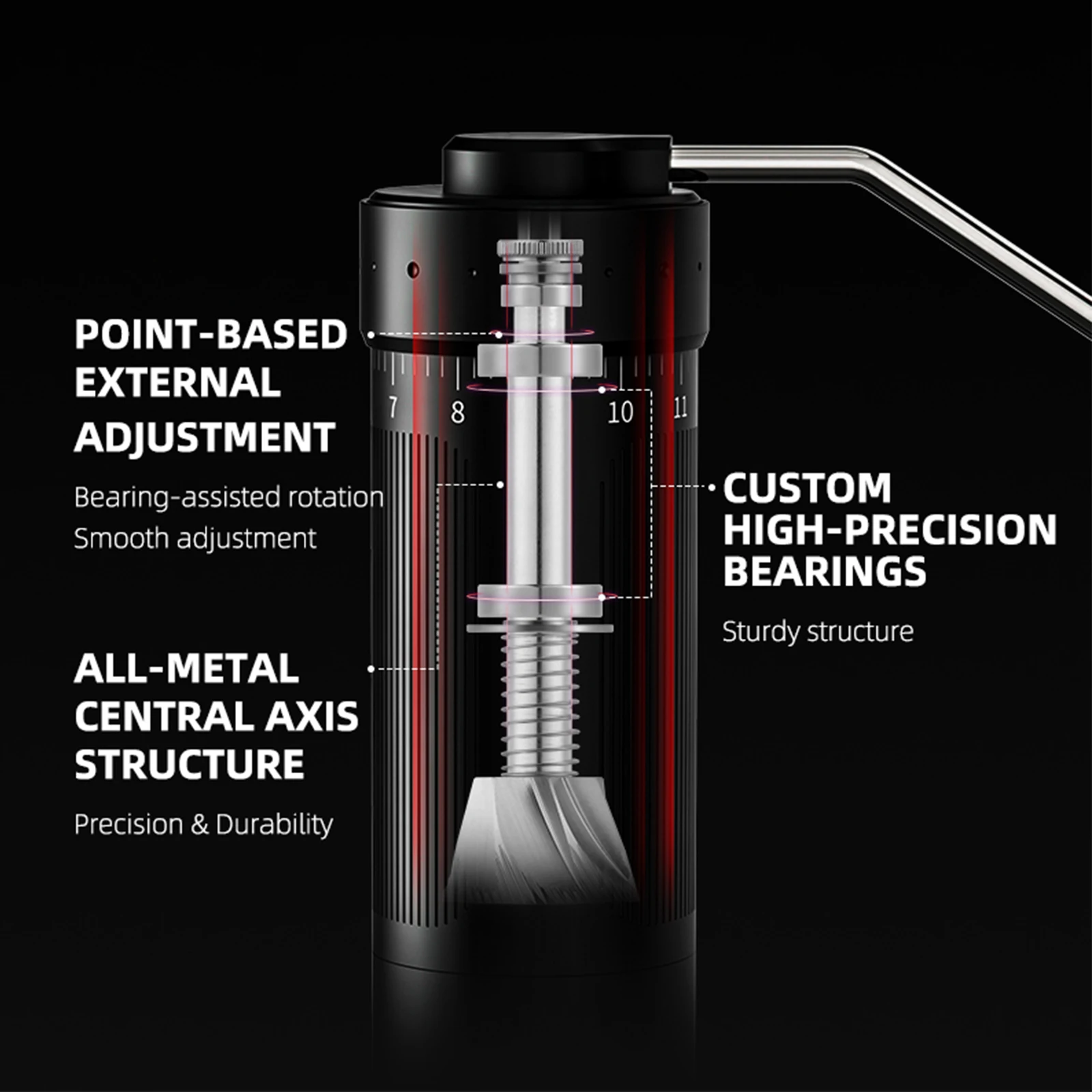 MHW-3BOMBER 수동 에스프레소 커피 연마기, 커피 위에 붓는 스테인레스 스틸 원추형 버, 조정 가능한 설정 바리스타 도구