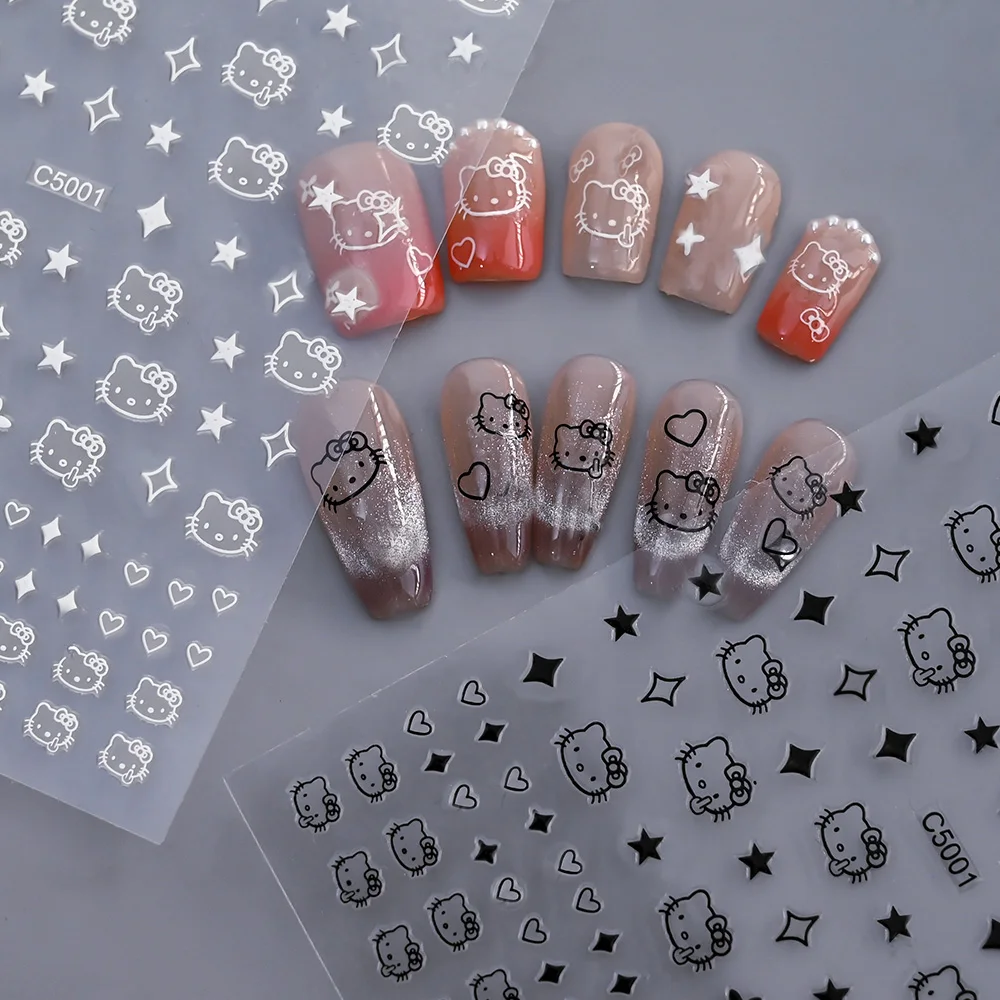 1 시트 일본어 네일 스티커 HelloKitty 고양이 머리 심장 만화 귀여운 네일 데칼 접착 장식 뒤 접착제 매니큐어 스티커