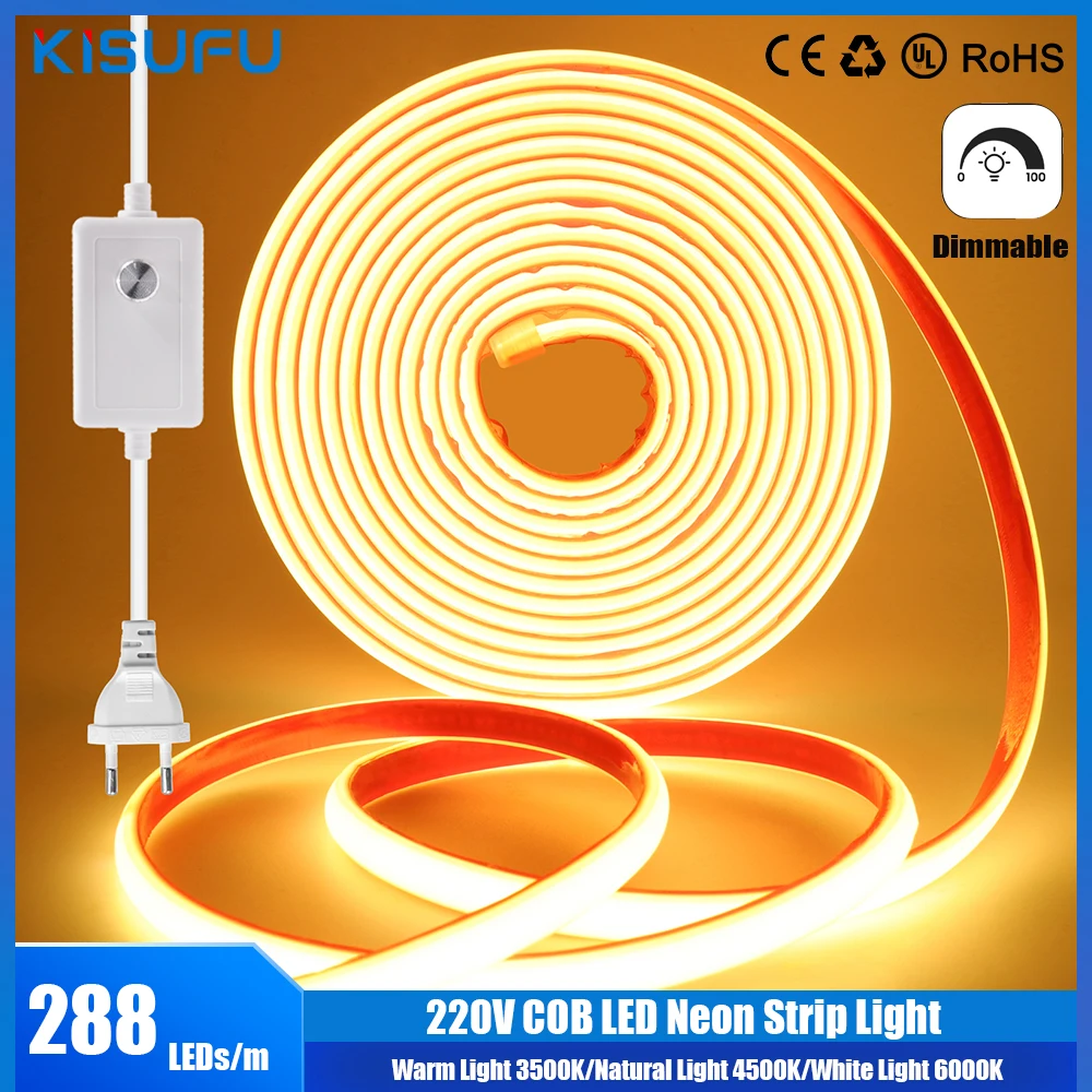 220V 디밍이 가능한 COB LED 네온 스트립 조명 288Leds/M IP67 스위치/조광기 EU 플러그 홈 정원 조명용 유연한 접착 테이프 title=220V 디밍이 가능한 COB LED 네온 스트립 조명 288Leds/M IP67 스위치/조광기 EU 플러그 홈 정원 조명용 유연한 접착 테이프